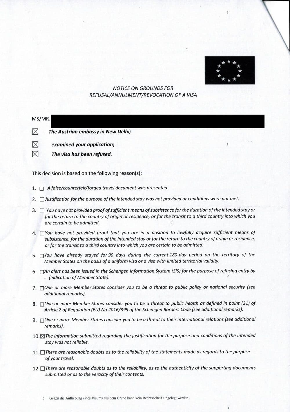 Real Austrian embassy New Delhi Schengen visa refusal letter — Annex VI form with box 10 ticked.