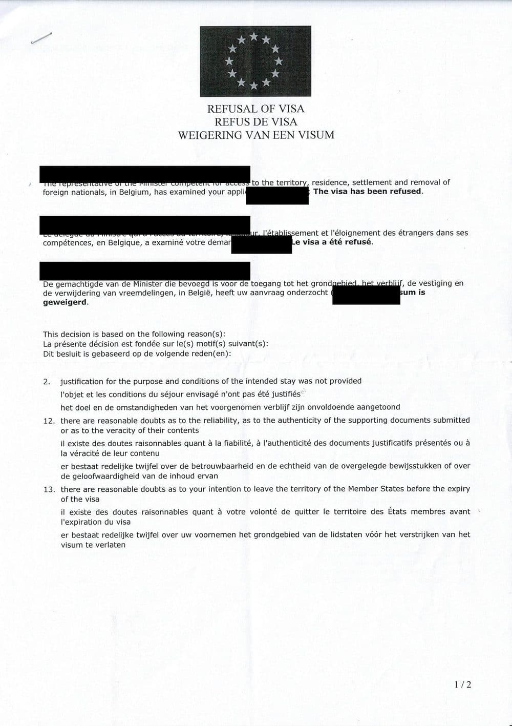Real Belgian embassy Schengen visa refusal letter with boxes 2, 12, and 13 ticked.