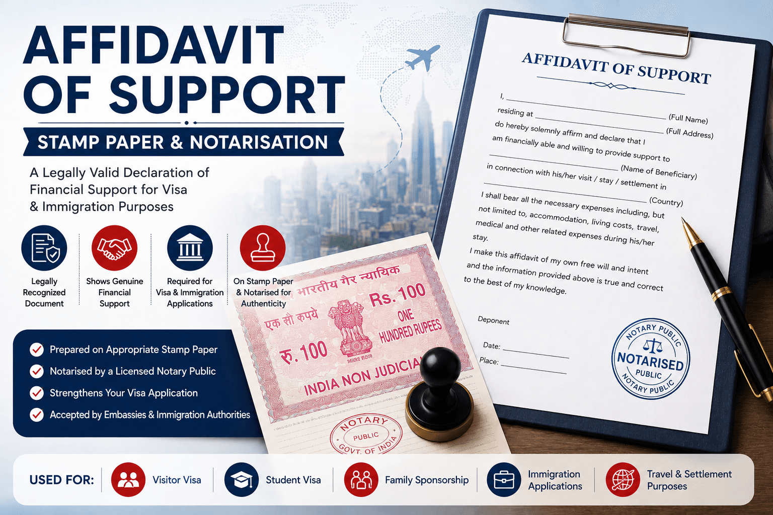 An affidavit of support on Indian non-judicial stamp paper with a notary seal, showing the sworn financial undertaking format
