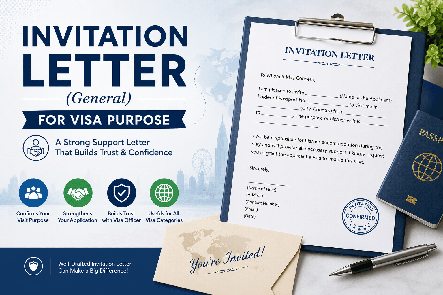 An invitation letter for a visa application on a clipboard beside a passport and an envelope, showing the standard invitation letter format