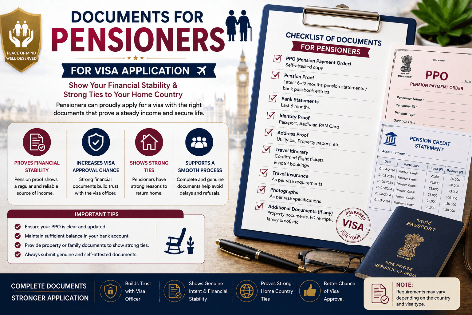 A pensioner's visa document set — pension payment order, bank passbook showing pension credits and property papers — beside a passport