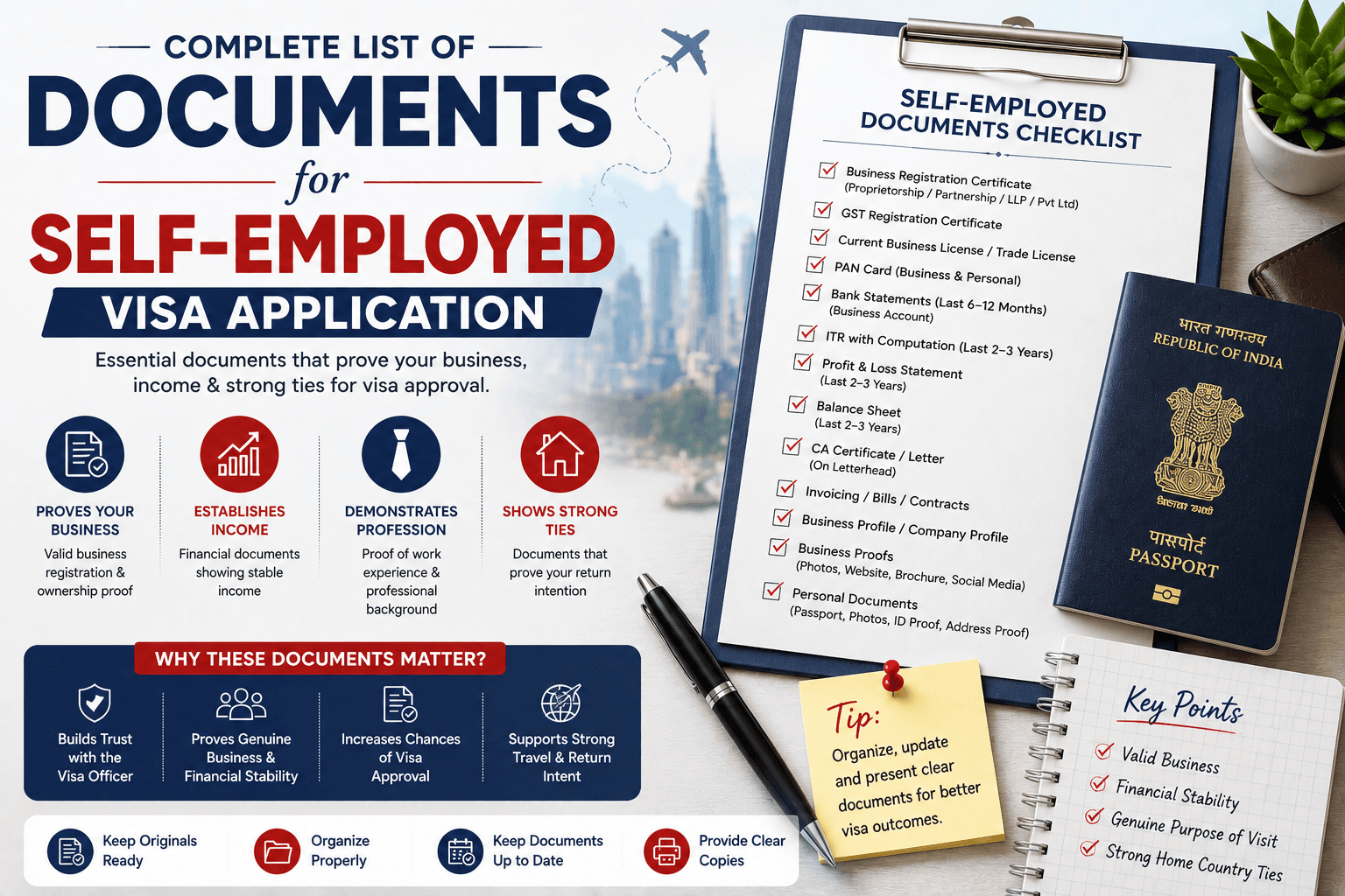 A business owner's visa document set — GST certificate, income tax returns and current account statements — arranged beside a passport