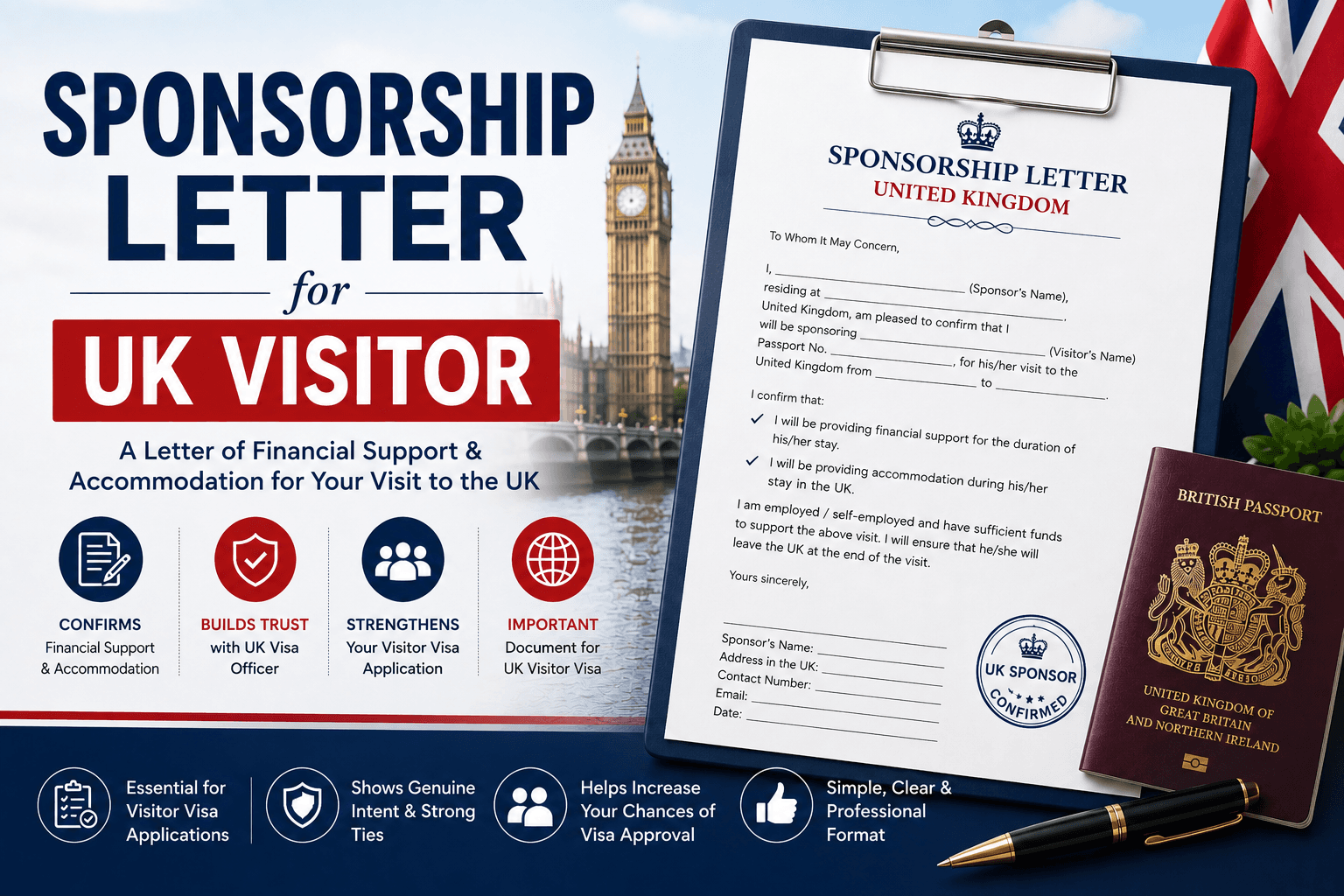 A sponsorship letter for a UK visitor visa on a desk with bank statements and a passport, showing the financial sponsorship format