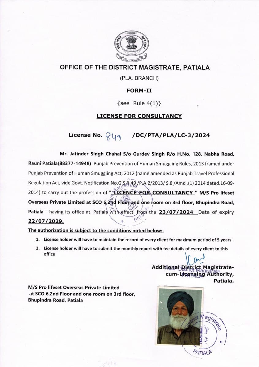 Consultancy licence 849/DC/PTA/PLA/LC-3/2024 issued to Pro Lifeset Overseas Pvt Ltd by the Office of the District Magistrate, Patiala